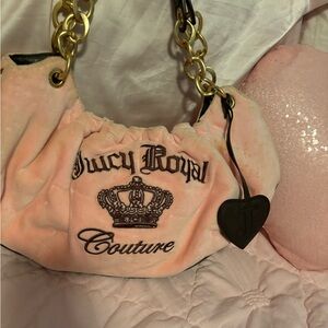 🩷🤎 Vintage Juicy Couture Light Pink Velour and Brown Leather Shoulder Bag $265
